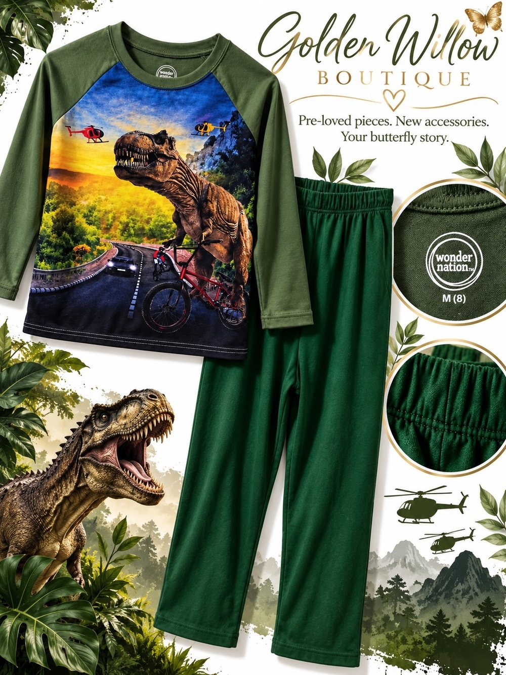 Wonder Nation Boys' Green Dino Graphic Pajama Set